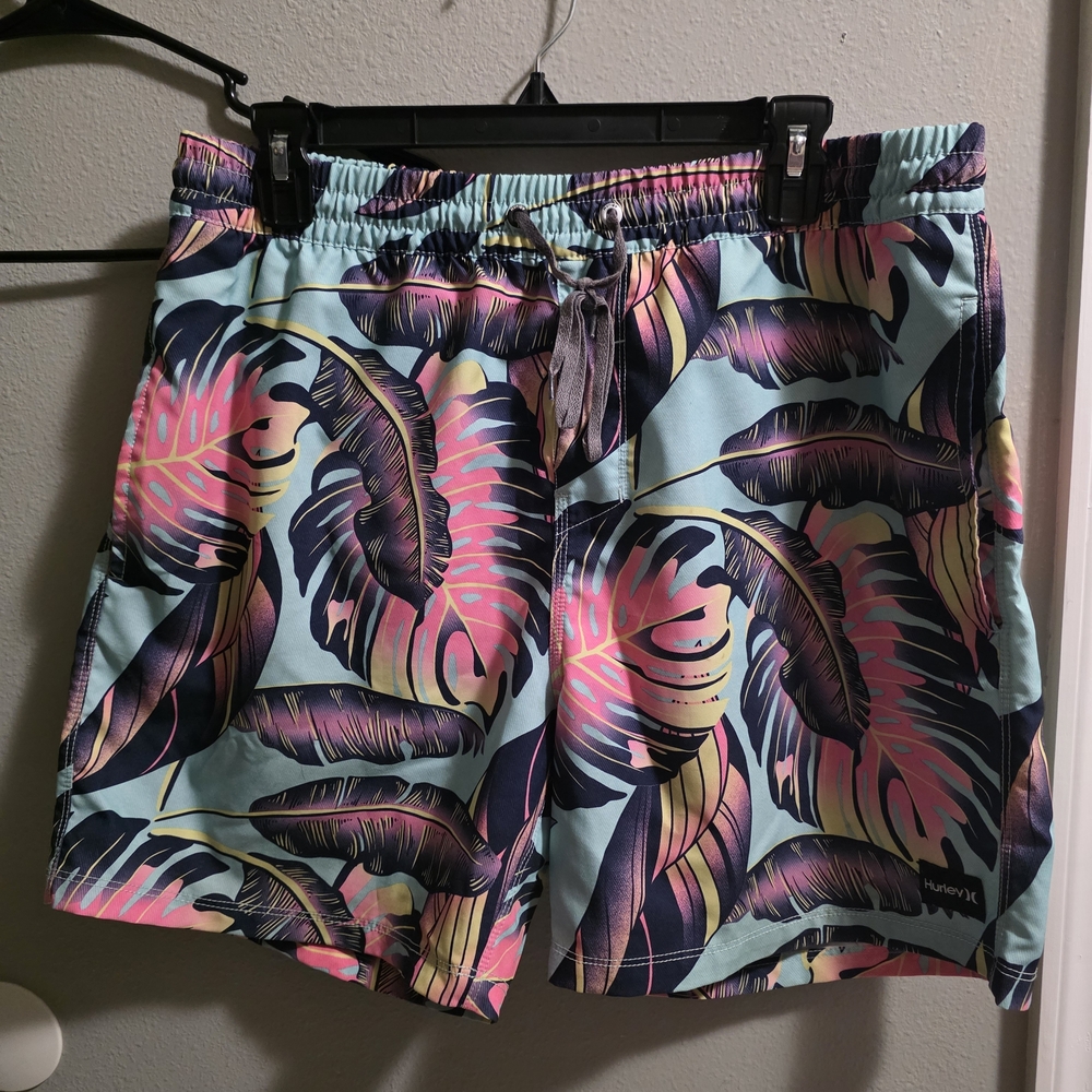 Hurley Men's Swim Trunks - Aqua, Pink & Navy Tropical Print